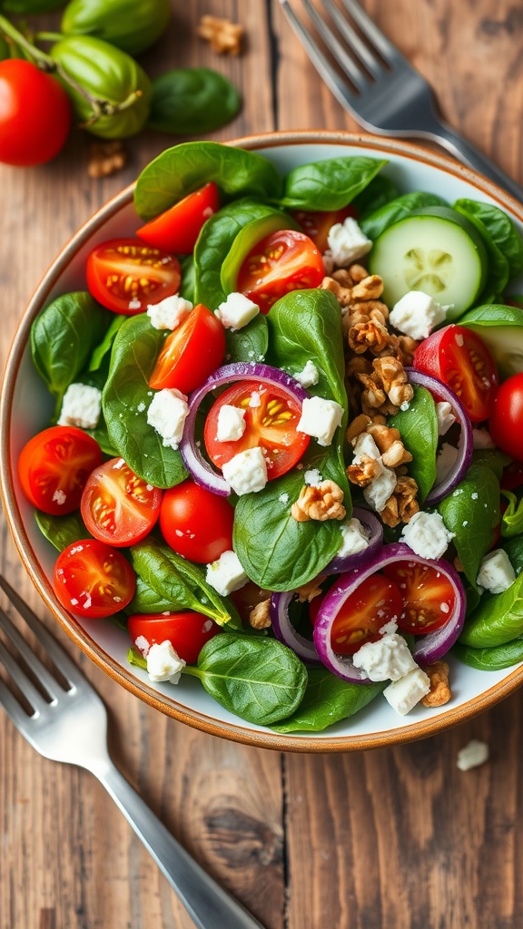 A colorful spinach salad with tomatoes, cucumbers, and feta cheese drizzled with lemon dressing on a wooden table.